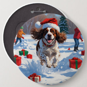 Brittany Spaniel Christmas Festive Snow Scene 6 Cm Round Badge