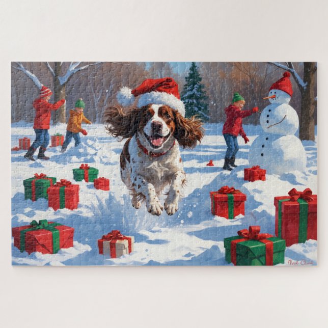 Brittany Spaniel Christmas Festive Snow Scene Jigsaw Puzzle (Horizontal)