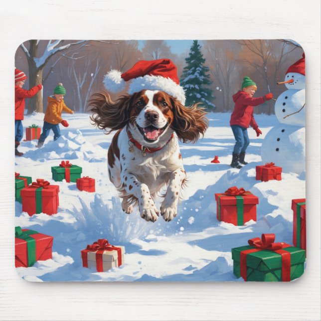 Brittany Spaniel Christmas Festive Snow Scene Mouse Pad (Front)