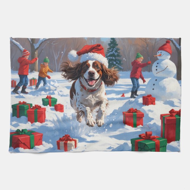 Brittany Spaniel Christmas Festive Snow Scene Tea Towel (Horizontal)