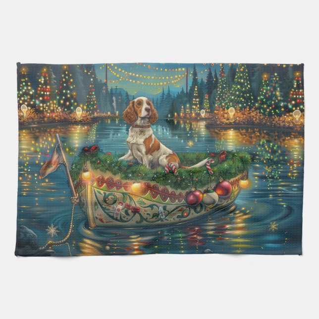 Brittany Spaniel Christmas Festive Voyage Tea Towel (Horizontal)