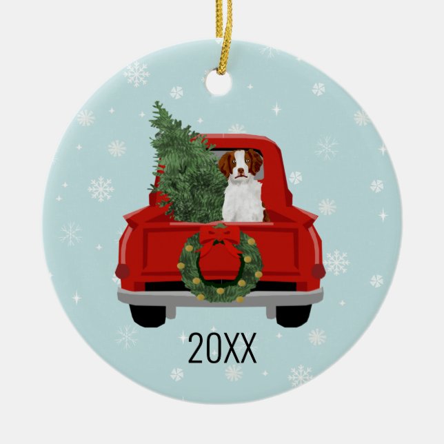 Brittany Spaniel Christmas Red Truck Ceramic Tree Decoration (Front)