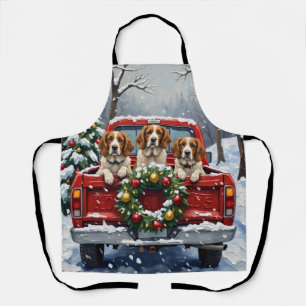 Brittany Spaniel Christmas Red Truck Holiday Apron
