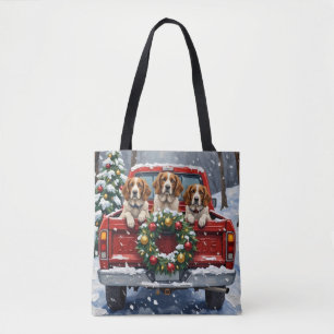 Brittany Spaniel Christmas Red Truck Holiday Tote Bag