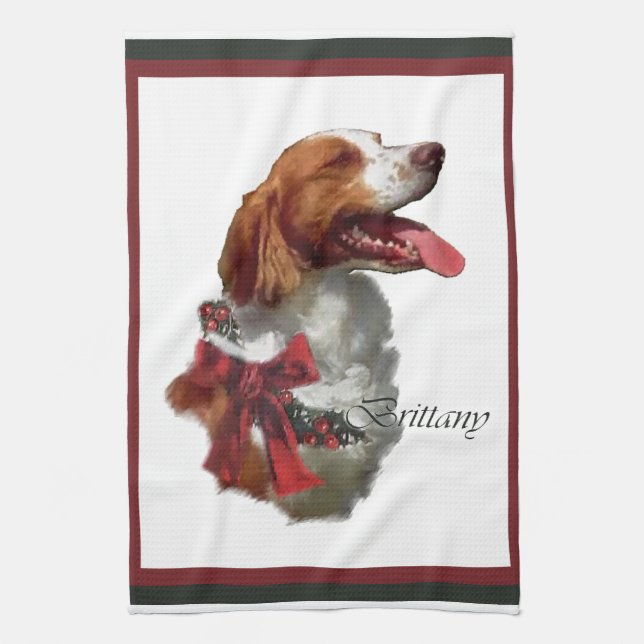 Brittany Spaniel Christmas Tea Towel (Vertical)