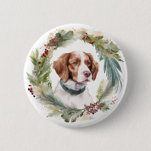 Brittany Spaniel Christmas Wreath Festive Pup 6 Cm Round Badge