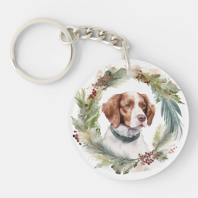 Brittany Spaniel Christmas Wreath Festive Pup Key Ring (Front)