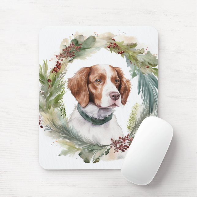 Brittany Spaniel Christmas Wreath Festive Pup Mouse Pad (With Mouse)