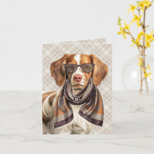Brittany Spaniel Dog and Taupe Plaid Monogrammed Card