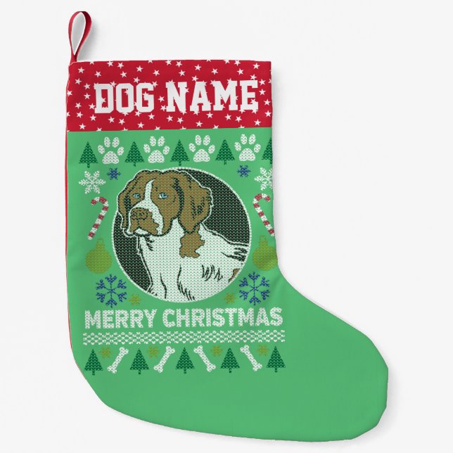 Brittany Spaniel Dog Breed Ugly Christmas Sweater Small Christmas Stocking (Front)