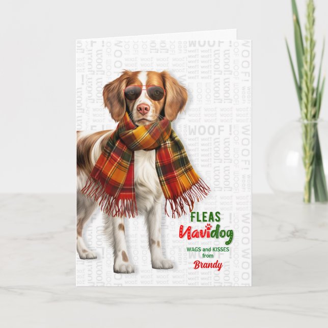 Brittany Spaniel Dog Funny Fleas Navidog with Name Holiday Card (Front)