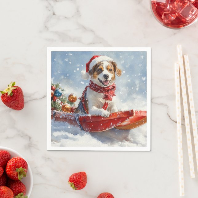 Brittany Spaniel Dog in Sledge Christmas Napkin (Insitu)