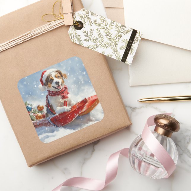 Brittany Spaniel Dog in Sledge Christmas Square Sticker (Gifting)