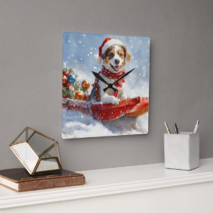 Brittany Spaniel Dog in Sledge Christmas Square Wall Clock