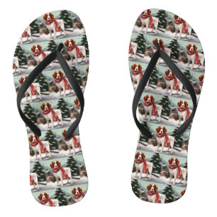Brittany Spaniel Dog in Snow Christmas Jandals