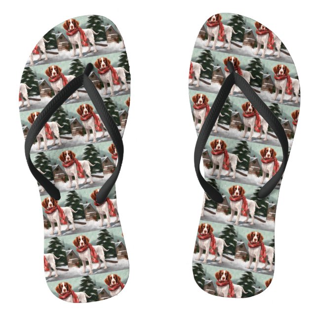 Brittany Spaniel Dog in Snow Christmas Jandals (Footbed)