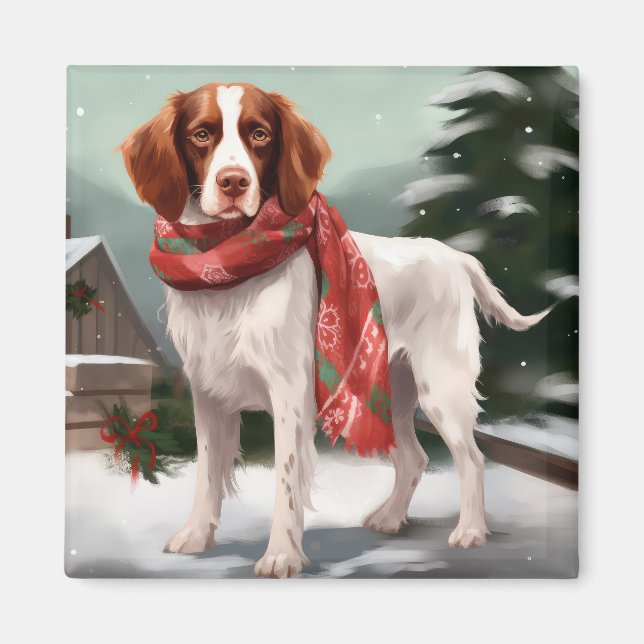 Brittany Spaniel Dog in Snow Christmas Magnet (Front)