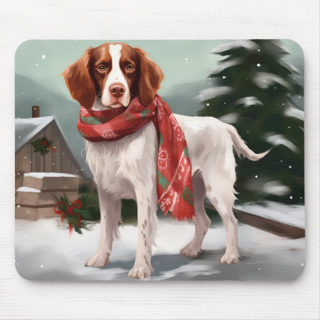 Brittany Spaniel Dog in Snow Christmas Mouse Pad (Front)