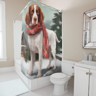 Brittany Spaniel Dog in Snow Christmas Shower Curtain
