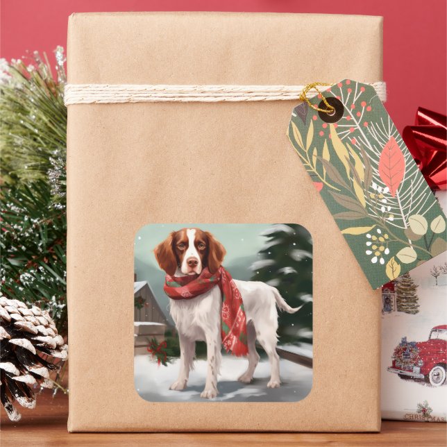 Brittany Spaniel Dog in Snow Christmas Square Sticker (Holiday)