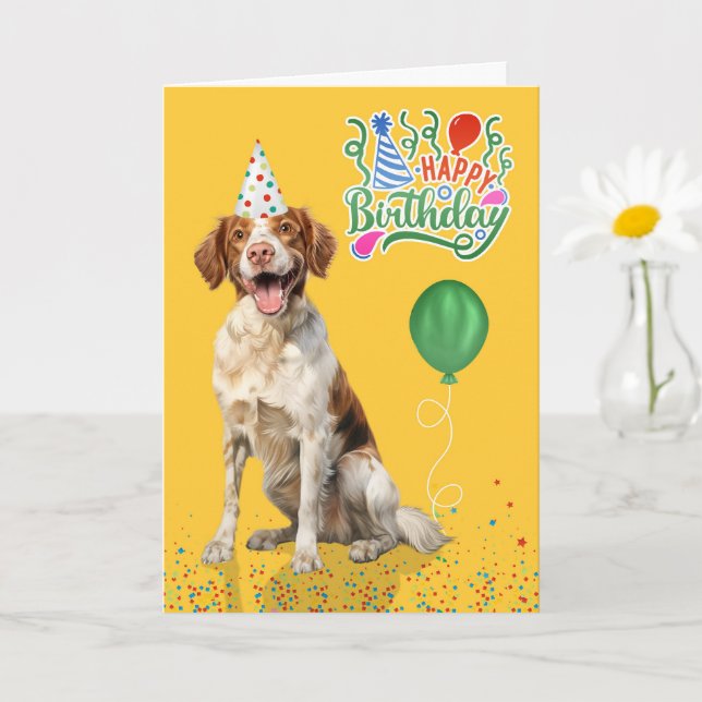 Brittany Spaniel Dog Party Hat Yellow Birthday Card (Small Plant)