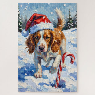 Brittany Spaniel Dog Pointing at Christmas Candy Jigsaw Puzzle