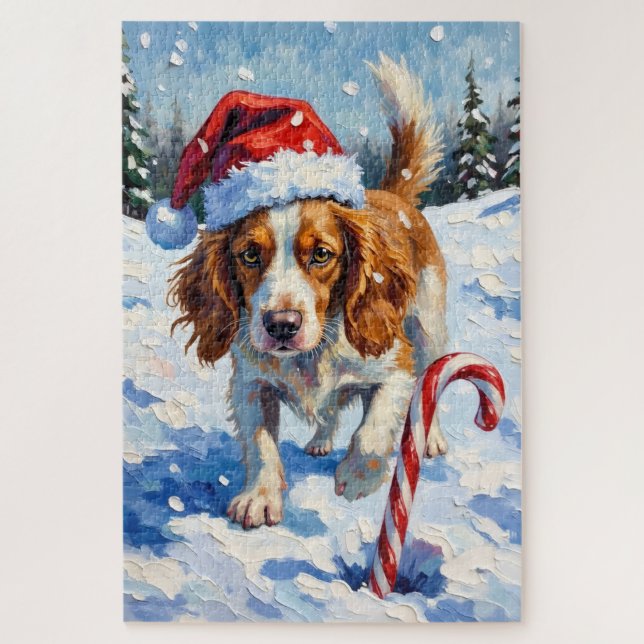 Brittany Spaniel Dog Pointing at Christmas Candy Jigsaw Puzzle (Vertical)
