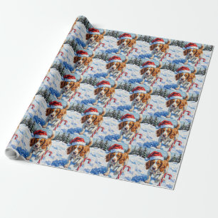 Brittany Spaniel Dog Pointing at Christmas Candy Wrapping Paper