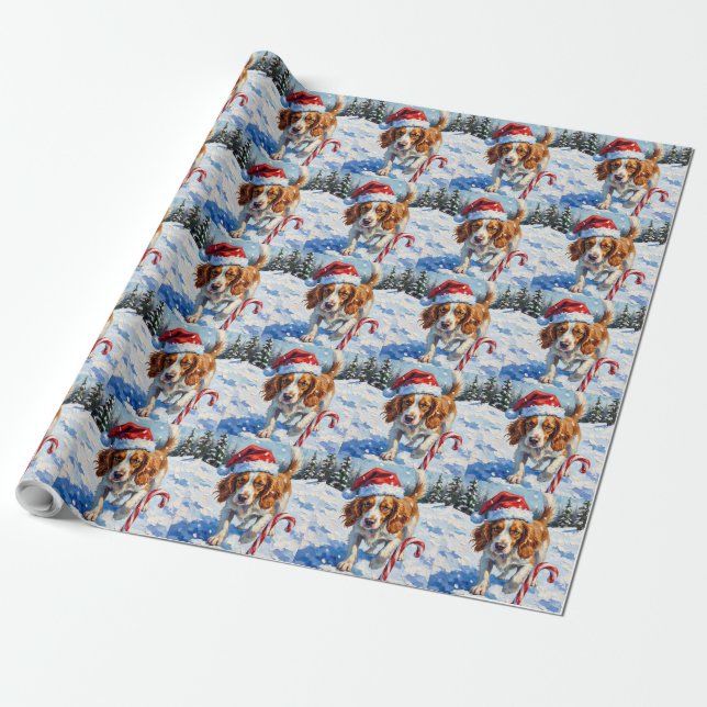 Brittany Spaniel Dog Pointing at Christmas Candy Wrapping Paper (Unrolled)