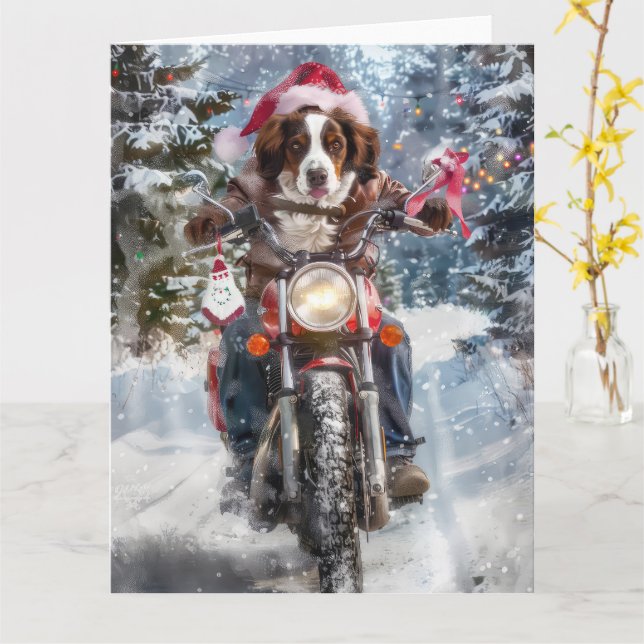 Brittany Spaniel Dog Riding Motorcycle Christmas Card (Yellow Flower)