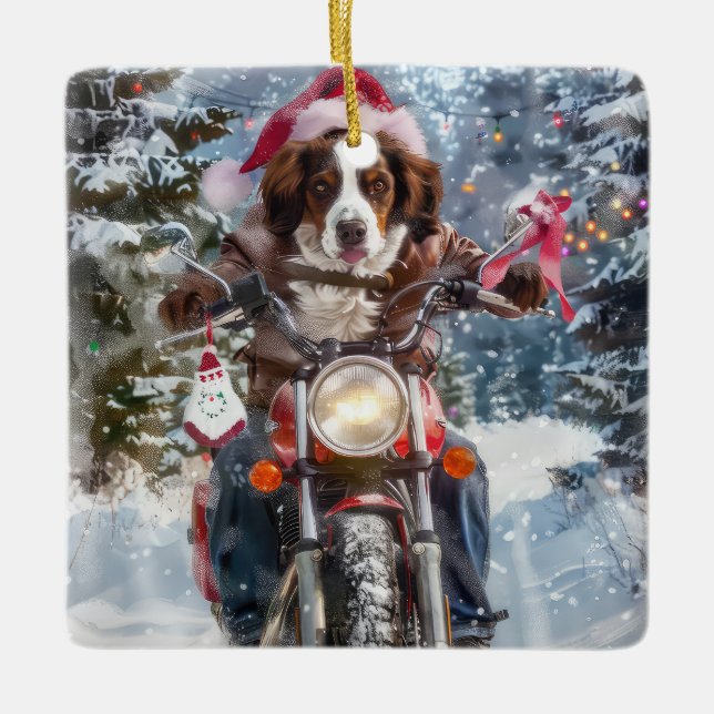 Brittany Spaniel Dog Riding Motorcycle Christmas Ceramic Ornament (Front)