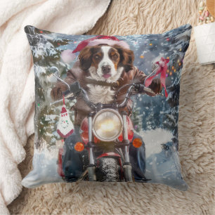 Brittany Spaniel Dog Riding Motorcycle Christmas Cushion