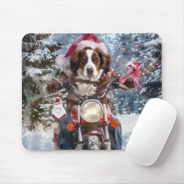 Brittany Spaniel Dog Riding Motorcycle Christmas Mouse Pad (With Mouse)