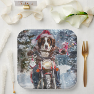 Brittany Spaniel Dog Riding Motorcycle Christmas Paper Plate