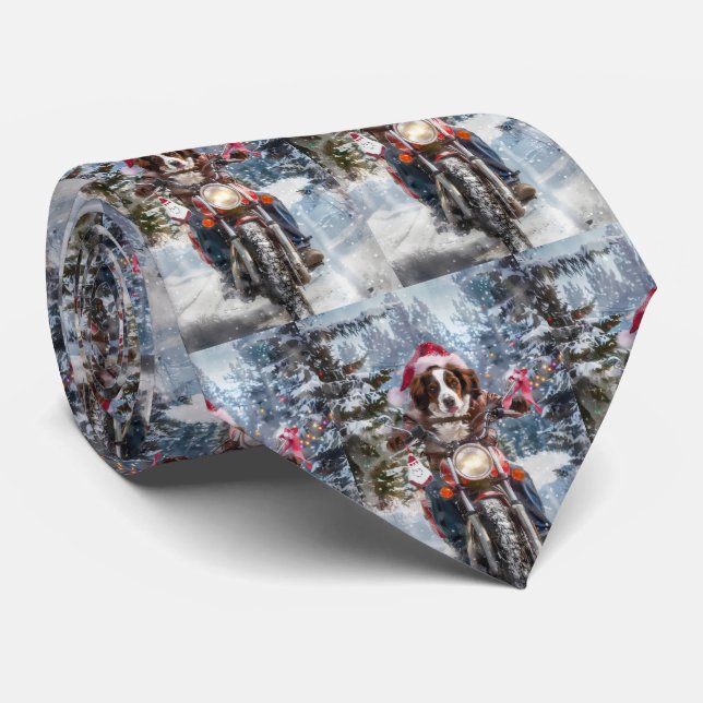 Brittany Spaniel Dog Riding Motorcycle Christmas Tie (Rolled)
