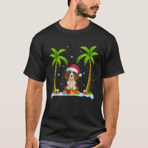 Brittany Spaniel Dog Santa Hat Palm Tree Beach Xma T-Shirt