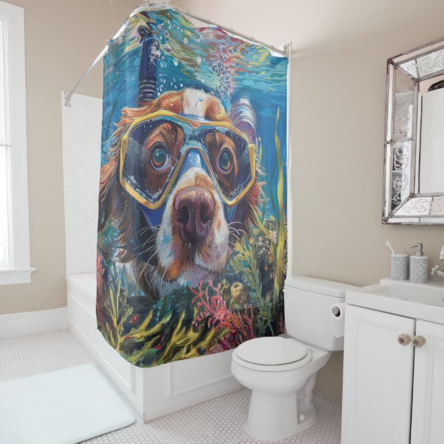 Brittany Spaniel Dog Scuba Diving Underwater Shower Curtain (In Situ)