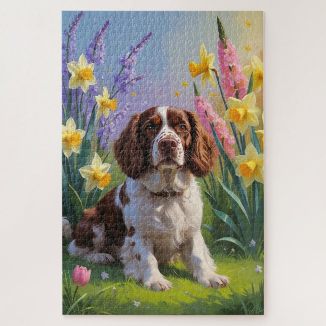Brittany Spaniel Dog Spring Flowers Painting  Jigsaw Puzzle (Vertical)