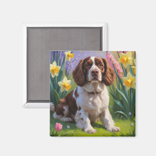 Brittany Spaniel Dog Spring Flowers Painting Magnet