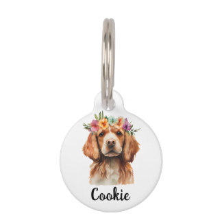 Brittany Spaniel Dog Watercolor Flower Pet Tag