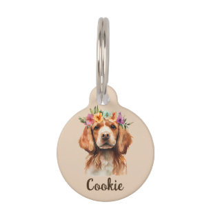 Brittany Spaniel Dog Watercolor Flower  Pet Tag