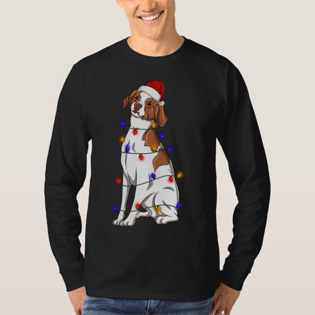 Brittany Spaniel Dog Wearing Christmas Hat Lights T-Shirt (Front)