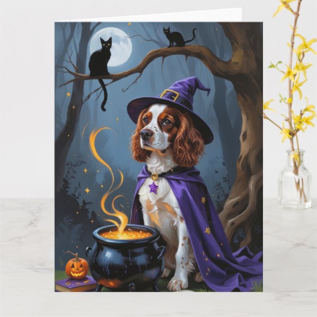 Brittany Spaniel Dog Whimsical Halloween Painting Card (Yellow Flower)