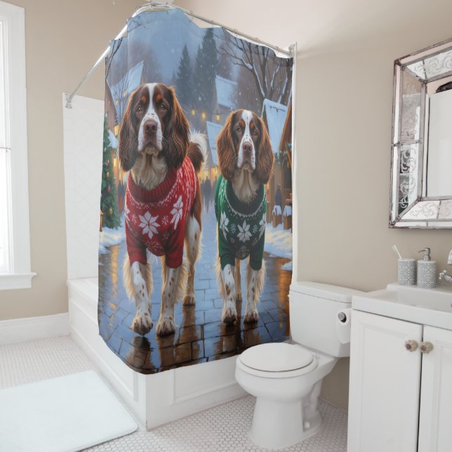 Brittany Spaniel Dogs Christmas Snow Holiday Shower Curtain (In Situ)