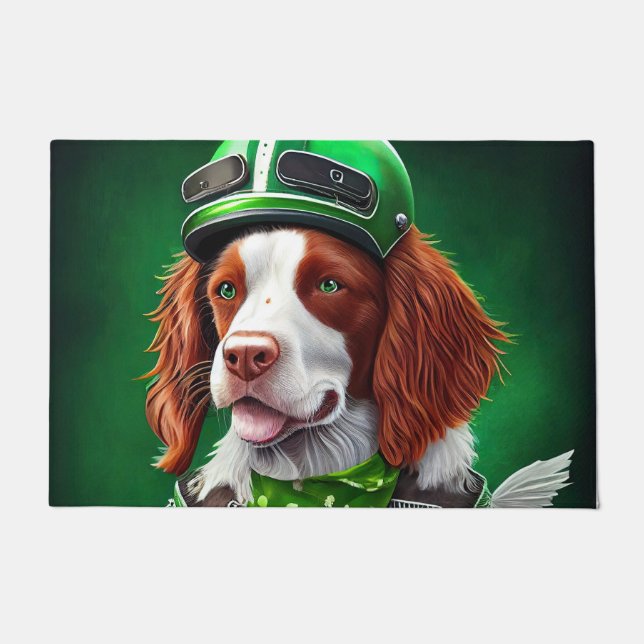 Brittany Spaniel driving bike St. Patrick's Day Doormat (Front)