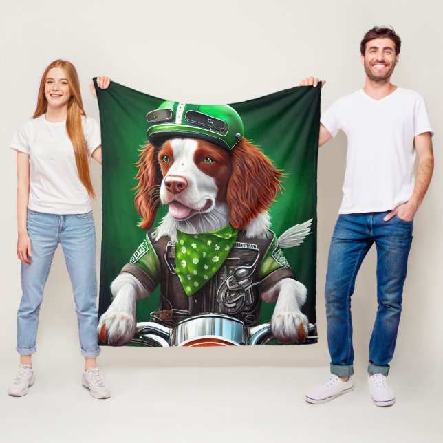 Brittany Spaniel driving bike St. Patrick's Day  Fleece Blanket (In Situ)