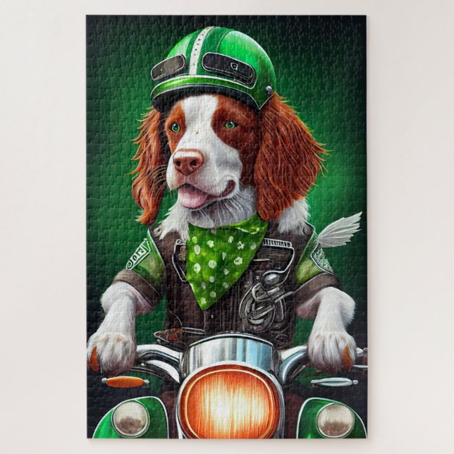 Brittany Spaniel driving bike St. Patrick's Day Jigsaw Puzzle (Vertical)
