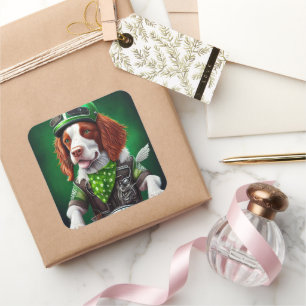 Brittany Spaniel driving bike St. Patrick's Day Square Sticker