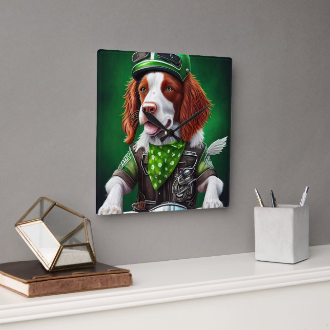 Brittany Spaniel driving bike St. Patrick's Day  Square Wall Clock (Office)