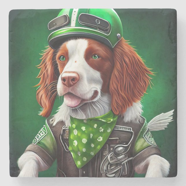Brittany Spaniel driving bike St. Patrick's Day Stone Coaster (Front)